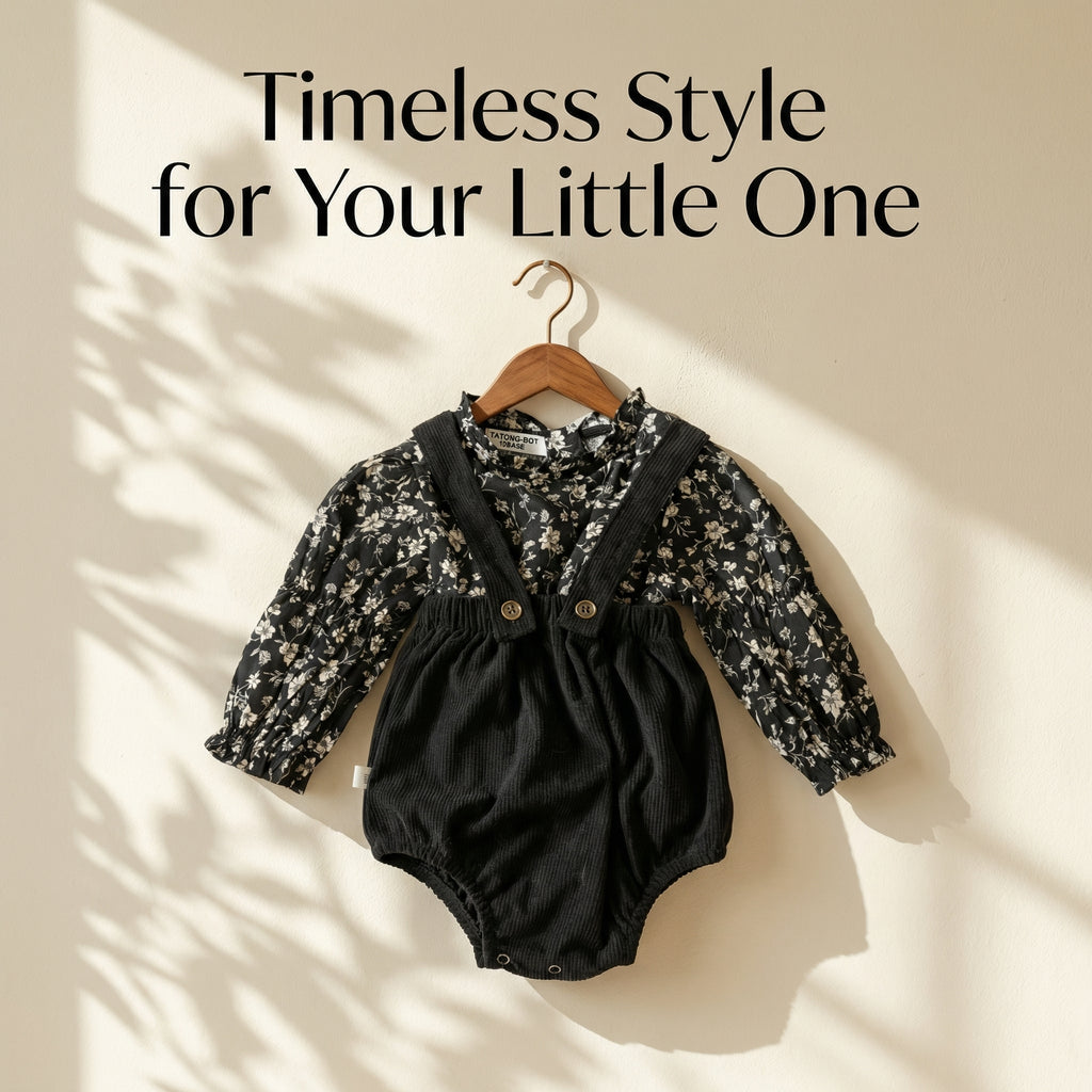 TATATONG-BOT [THE LORE OF VESTIGIA] 10BASE-13 "Midnight Flora" Archival Vintage Floral Blouse & Fine-Wale Corduroy Bloomer Set // Infants' & Toddlers' 2-Piece Milestone Specimen Suit, Special Occasion & Formal Heirloom Gown