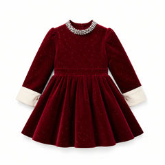 Ruby Starlight Embellished-Collar Velvet Party Dress