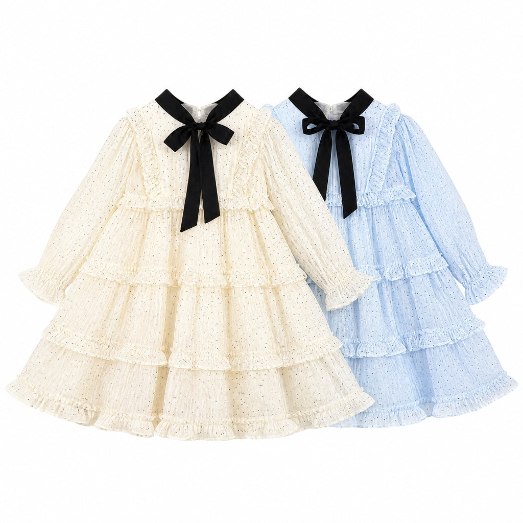 Midnight Ribbon Polka-Dot Ruffle Dress for TATATONG Girls