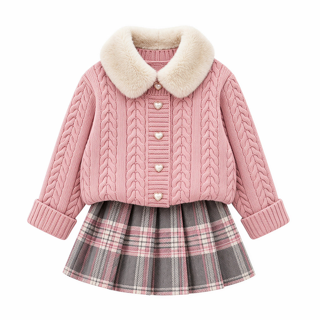 Heirloom Heart Cable-Knit Cardigan & Plaid Skirt Set