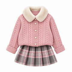 Heirloom Heart Cable-Knit Cardigan & Plaid Skirt Set