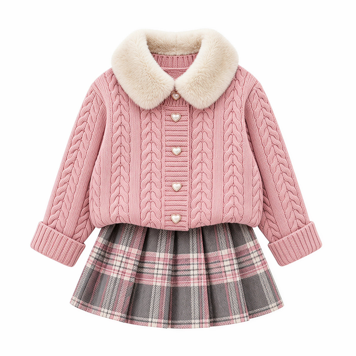 Heirloom Heart Cable-Knit Cardigan & Plaid Skirt Set