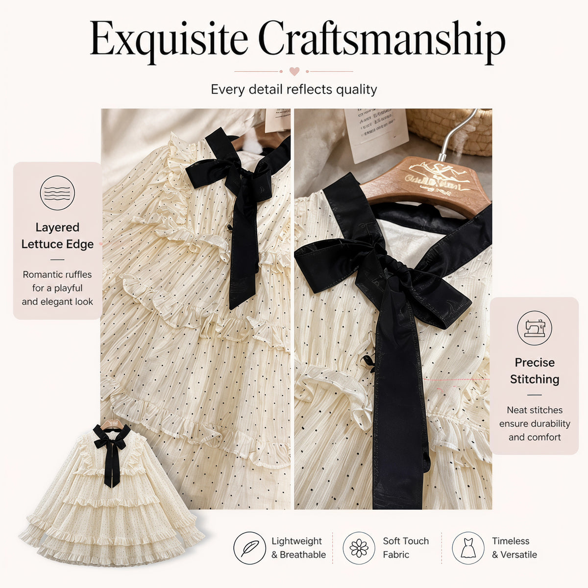 Midnight Ribbon Polka-Dot Ruffle Dress for TATATONG Girls