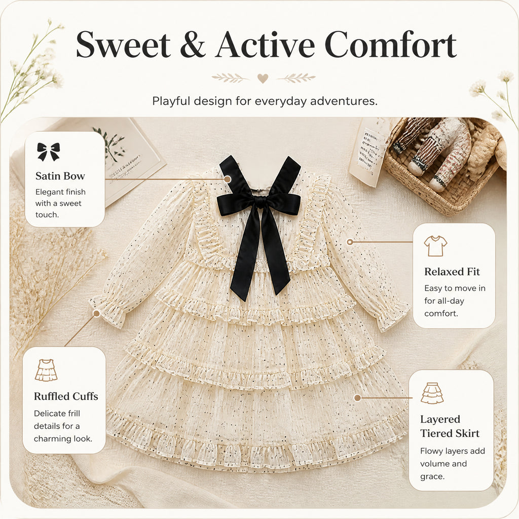 Midnight Ribbon Polka-Dot Ruffle Dress for TATATONG Girls