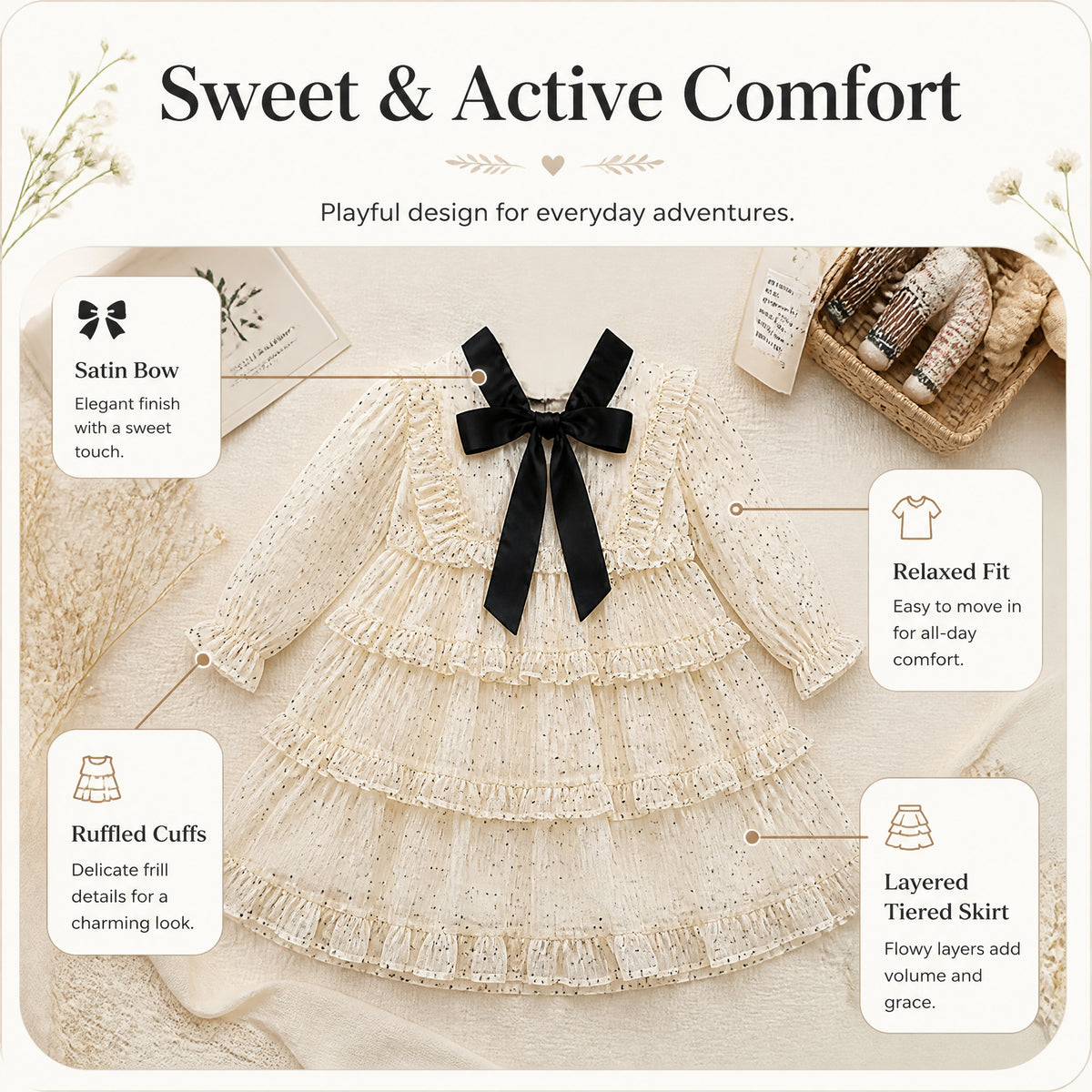 Midnight Ribbon Polka-Dot Ruffle Dress for TATATONG Girls