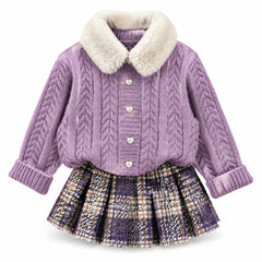 Heirloom Heart Cable-Knit Cardigan & Plaid Skirt Set