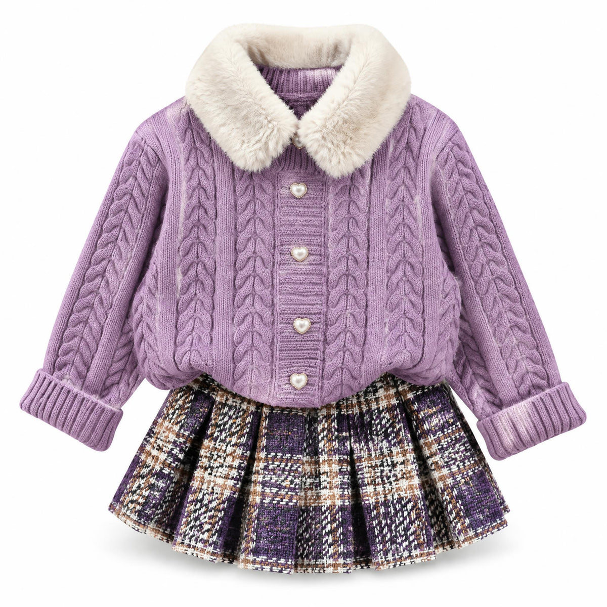 Heirloom Heart Cable-Knit Cardigan & Plaid Skirt Set