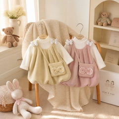 Blush Bow Corduroy Bubble-Hem Pinafore Dress & Top Set