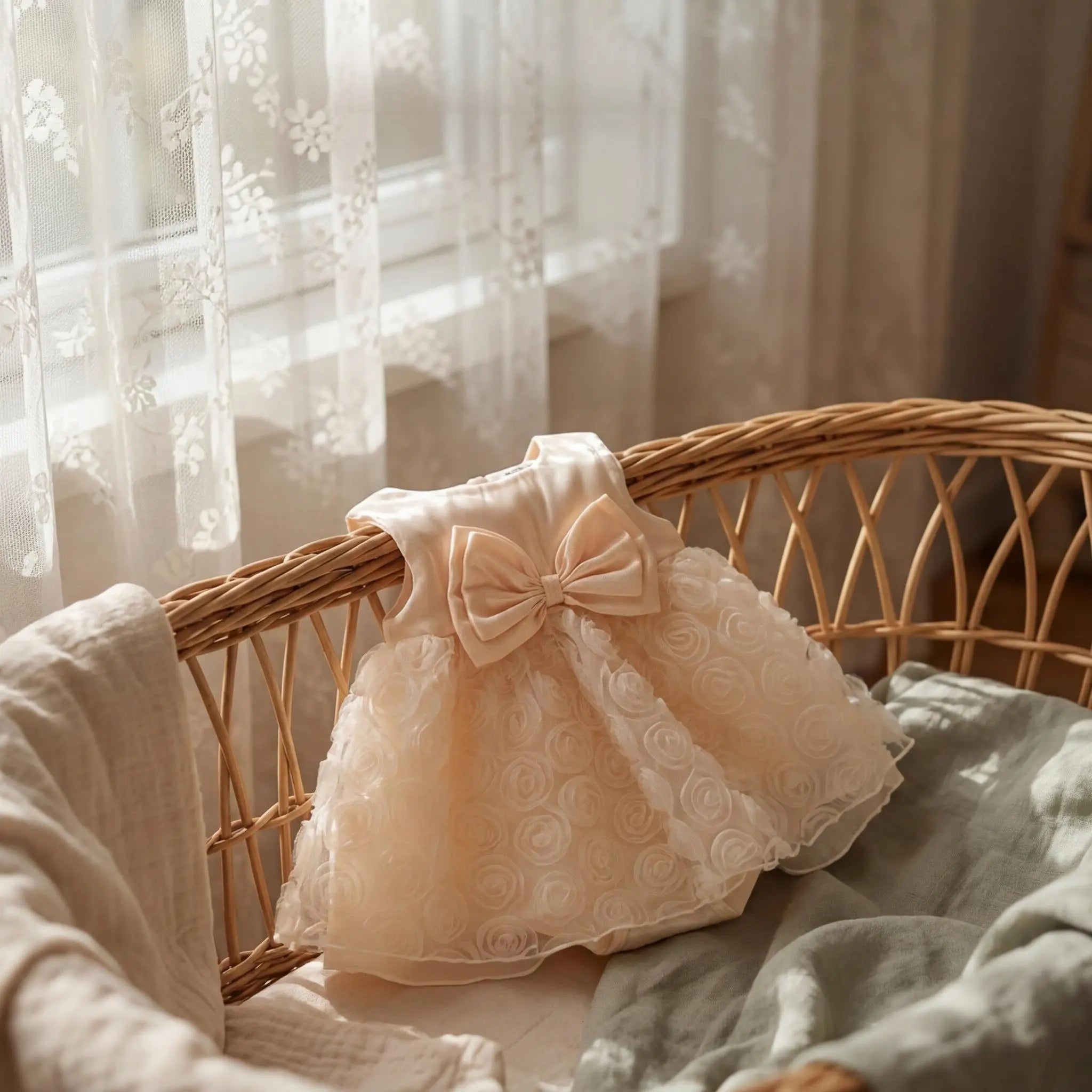 Dimensional rose fabric and bow details on the Ethereal Rose dress